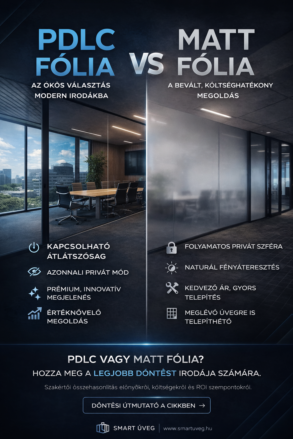 PDLC vs matt fólia irodai üvegfalhoz – okosüveg fólia összehasonlítás