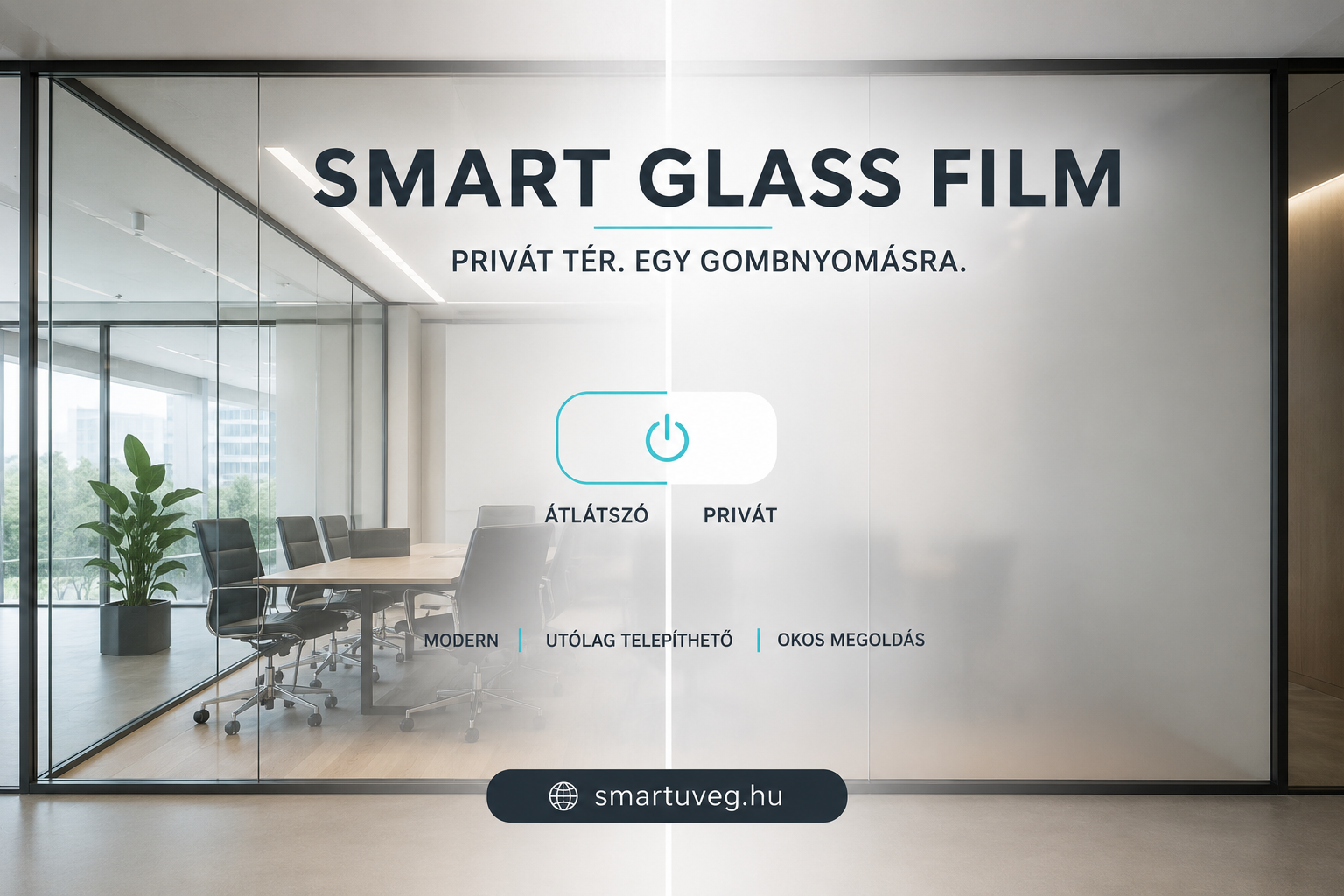 Smart glass film és smartglass fólia modern irodai üvegfalhoz – utólag telepíthető kapcsolható privacy fólia