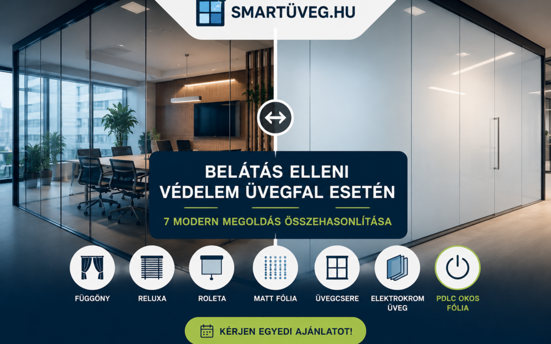 Belátás elleni védelem üvegfal esetén – 7 modern megoldás összehasonlítása. Reluxa, roletta, matt fólia és PDLC okos fólia előnyei és hátrányai irodákhoz, tárgyalókhoz és rendelőkhöz.