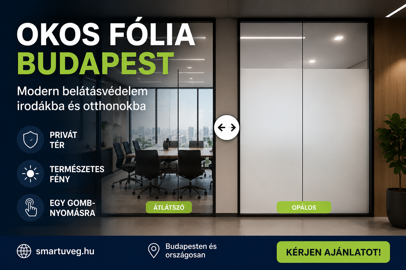 Okos fólia Budapest – kapcsolható PDLC fólia irodai üvegfalon