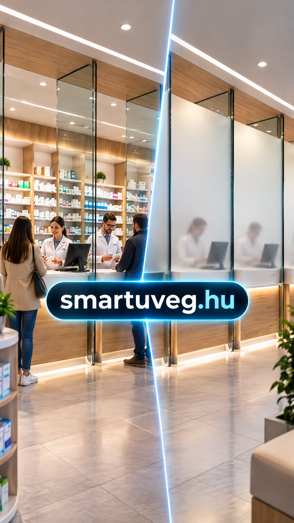Modern gyógyszertár PDLC okosüveg fóliával: átlátszó gyógyszerkiadó pultok és opál üvegfal mögött diszkréten dolgozó gyógyszerészek.